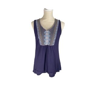Knox Rose Navy Blue Sleeveless Top with Blue and Yellow Embroidery